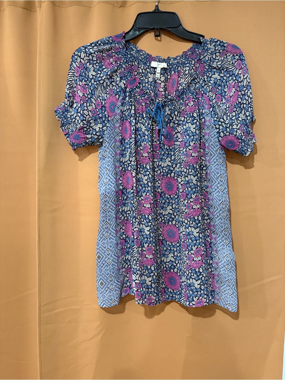 Joie Blue and Purple Floral Smocked Short Sleeve Tunic